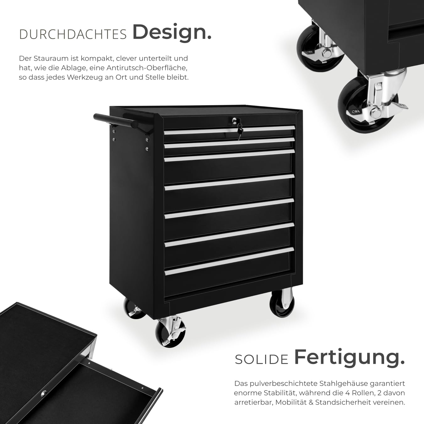 tectake Werkzeugwagen, Werkstattwagen, rollende Werkstatt, Werkzeugwagen leer, Werkzeugbox, 7 Schubfächer, 69 x 33 x 79 cm, Rollen mit Bremsen, inkl. 2 Schlüssel - schwarz