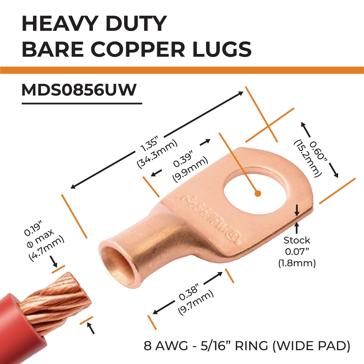 Selterm 8 AWG (10 mm²) - 7,9 mm (M8) ⌀ Bolzen UL-Hochleistungs Kabelschuhe mit Breiter Auflagefläche, Batterie Kabelhülsen, Ösen aus Unisoliertem Kupfer, Rohrförmiger Ringkabelschuh [B7] - 2 St.