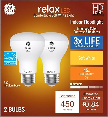 GE Relax - Paquete de 2 bombillas LED R20 de 45 W equivalentes a intensidad regulable, color blanco suave