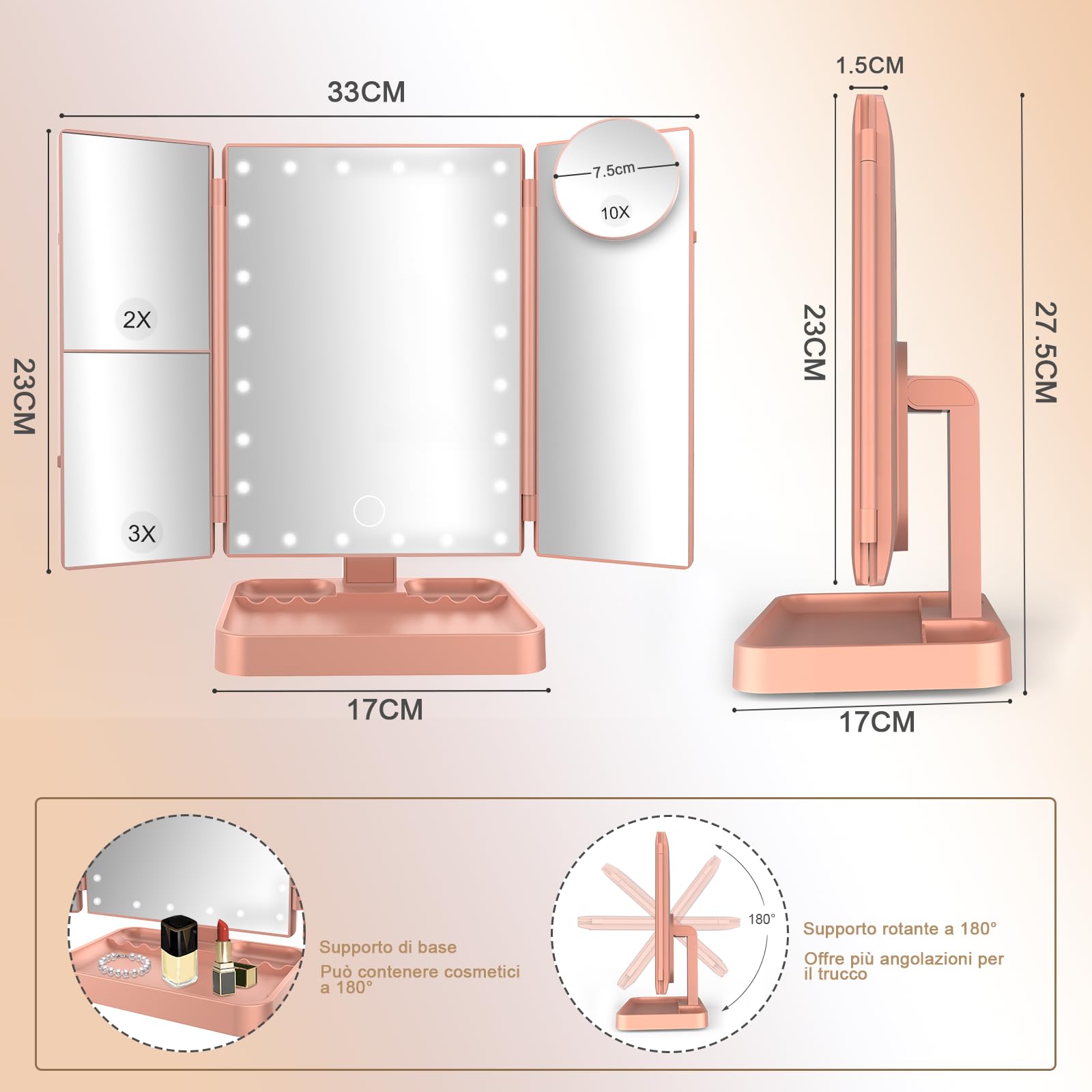 SURFOU Specchio da Tavolo Trucco Tri-Fold con 24 LED Touch, 1X/2X/3X/10X Ingrandimento Regolabile, Luce Regolabile 180°, Alimentazione USB/Batteria, Donne - Oro rosa