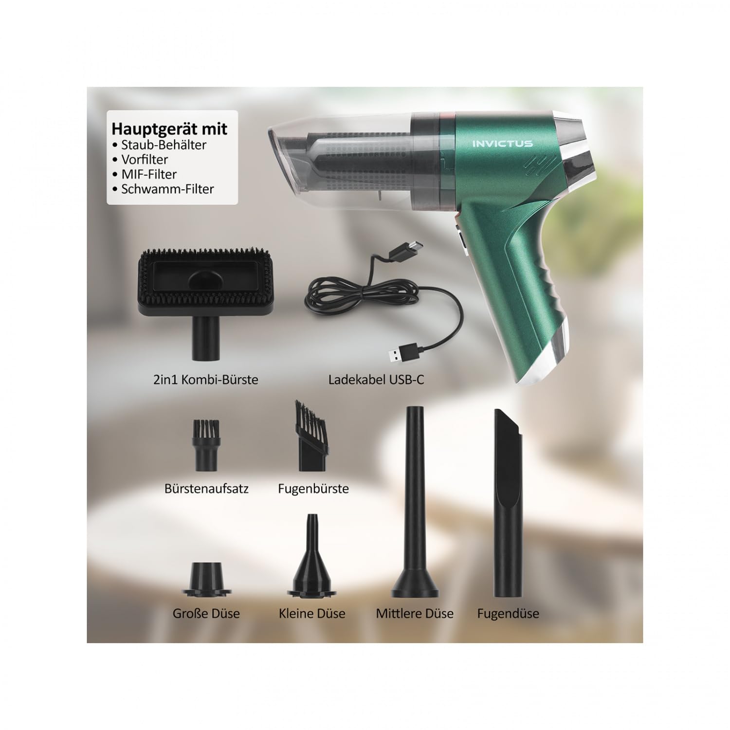 Genius Invictus One Quick Aspirapolvere portatile a batteria 13 pezzi senza fili 3 in 1, mini aspirapolvere senza sacchetto con funzione multifunzione per auto, cucina, tastiera peli di animali, pompa