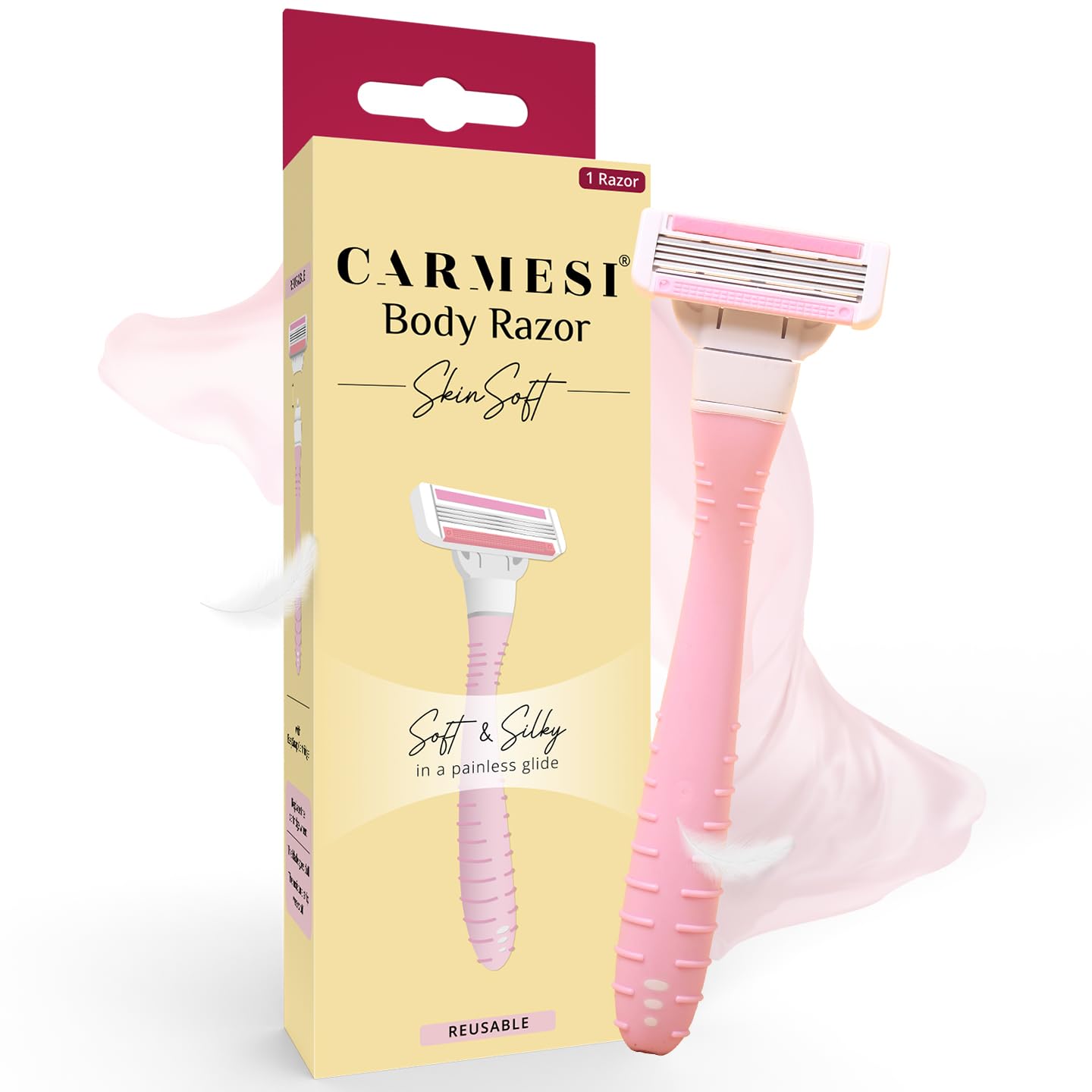 CarmesiWomen’s Body Razor | Reusable Razor with 4 Swedish Stainless Steel Blades | Aloe Vera & Vitamin C Strip | Smooth, Painless Hair Removal for Legs, Arms, Bikini Area | Pack of 1