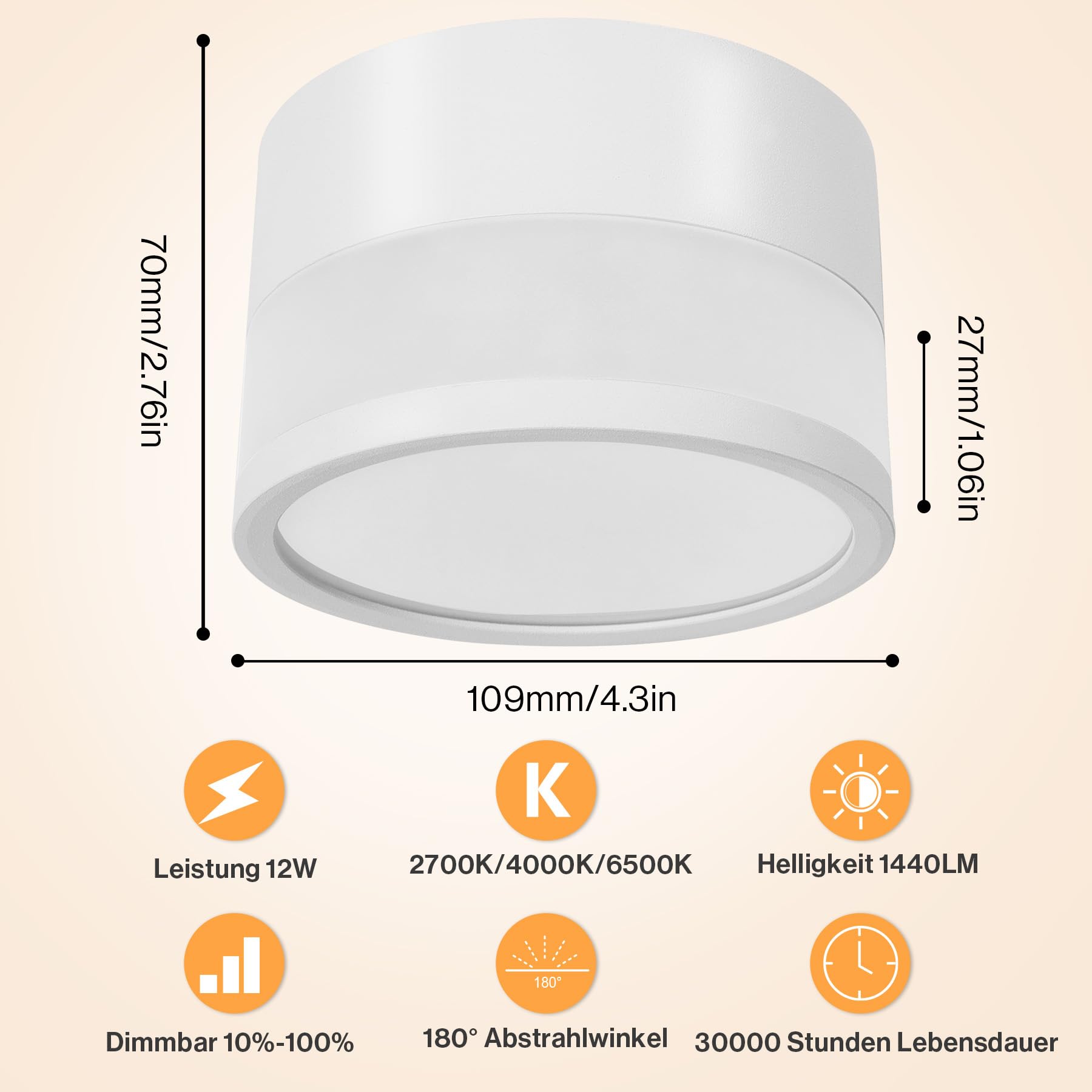 LED Aufbauspot Dimmbar IP65 Deckenleuchte Aufputz 12W 2700K-6500K Aluminium 230V Ø10cm