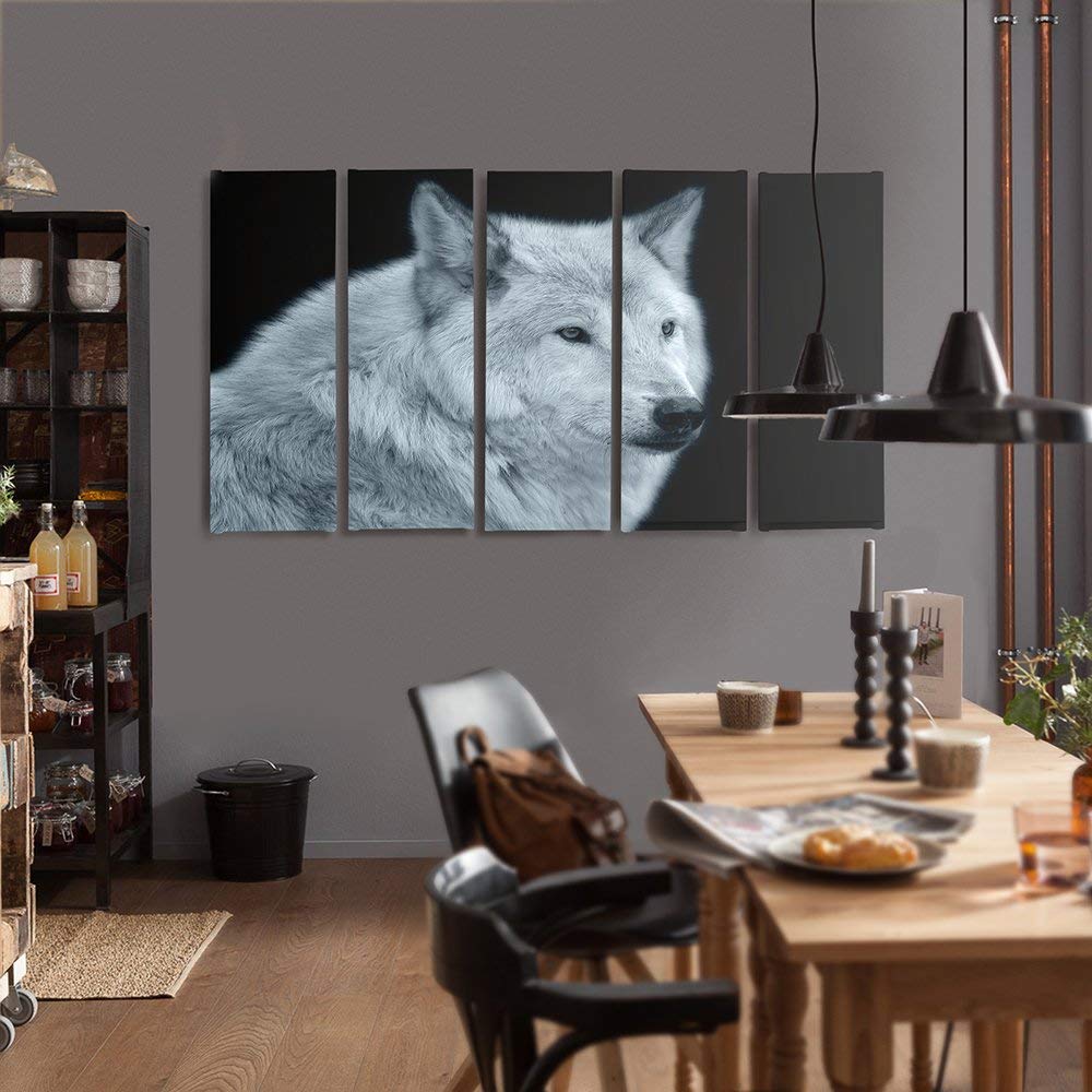 Feeby Frames, Leinwandbild, Bilder, Wand Bild - 5 Teile - Wandbilder, Kunstdruck XXL, Typ C, 300x140 cm, WOLF, TIERE, NATUR, GRAU, SCHWARZ