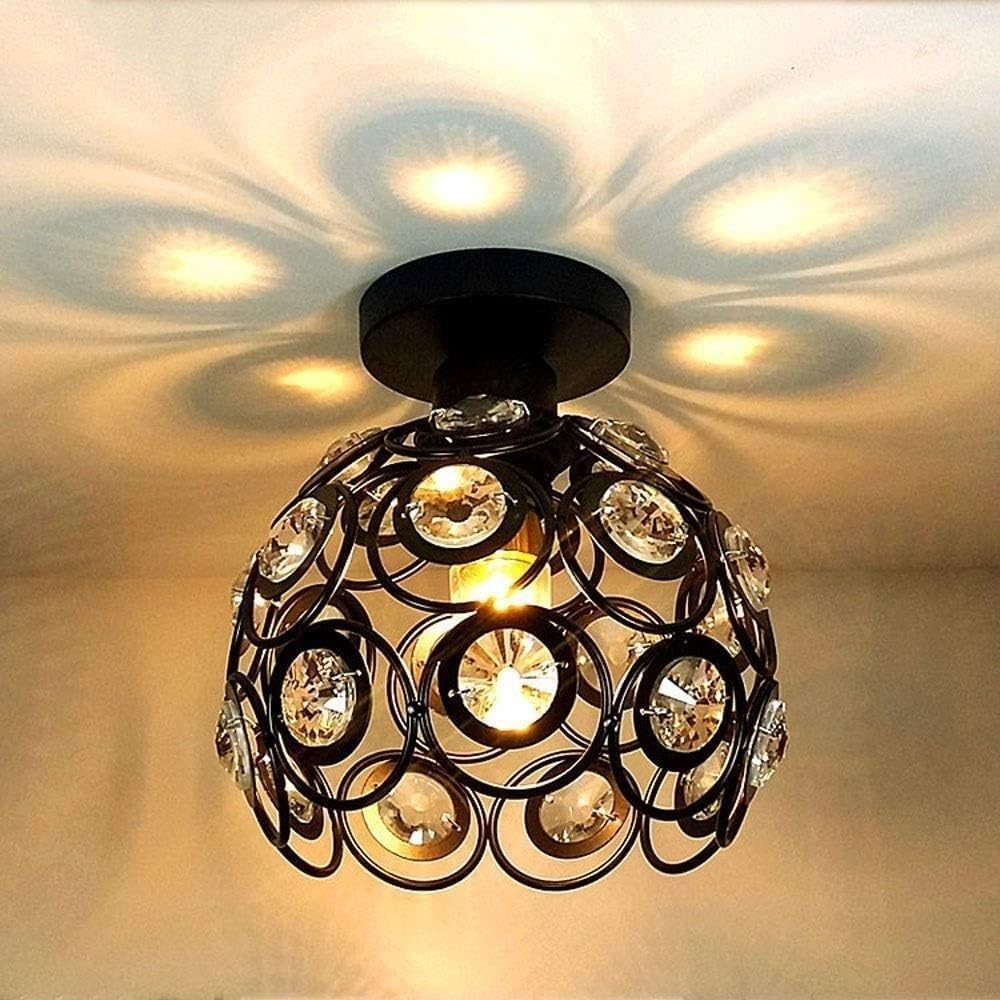 Semi Flush Mount Ceiling Light - Small Crystal Chandelier Hallway E27 Black Metal Modern Light Fixture for Entryway Bedroom Porch Kitchen(Bulb Not Included)