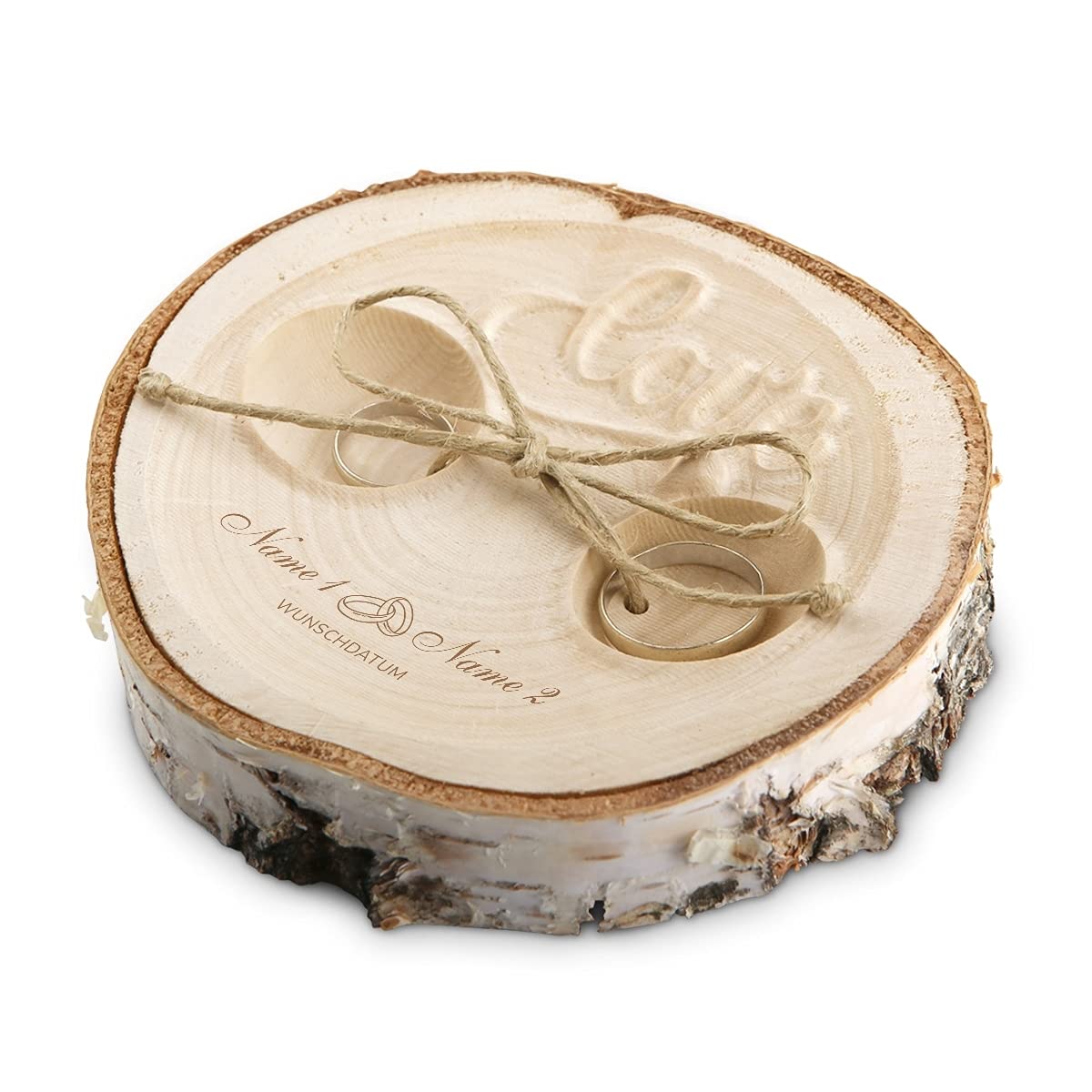 Kartenmachen.de Individuelles Hochzeit Ringkissen Love Birkenscheibe inkl. Text Namen Gravur ca. 11 cm Durchmesser - Zwei Ringe Motiv