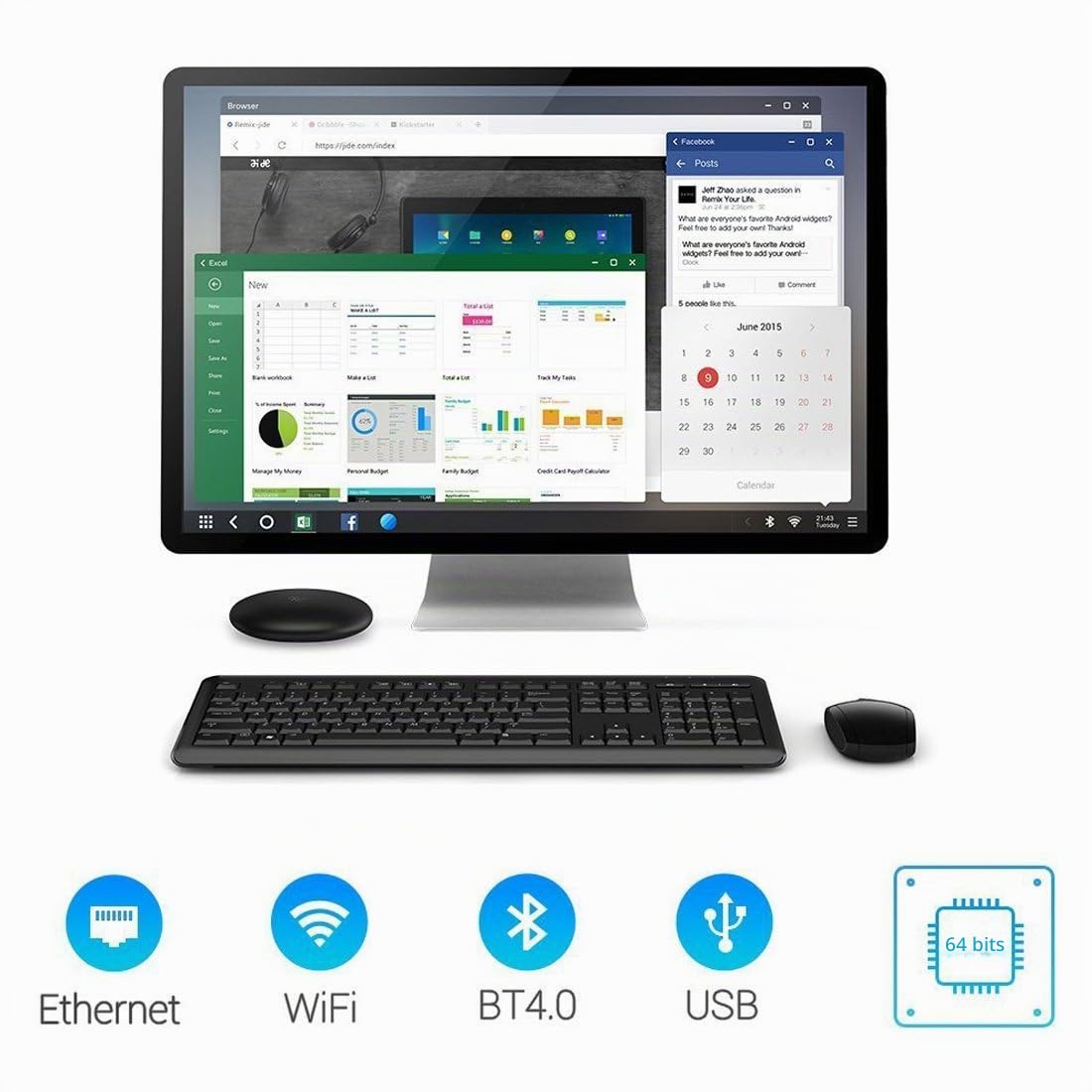 Remix Mini PC portátil Smart Android TV Box A53 1,2GHz Quad Core CPU 2GB RAM 16GB ROM WiFi 802.11b/g/n 10/100 Base-T Ethernet BT4.0 H.265 4K con Potente Remix OS 2.0 (Basado en Android 5.1) Proporcione Multitarea Multiple Windows Taskbar Funciones Ayuda t
