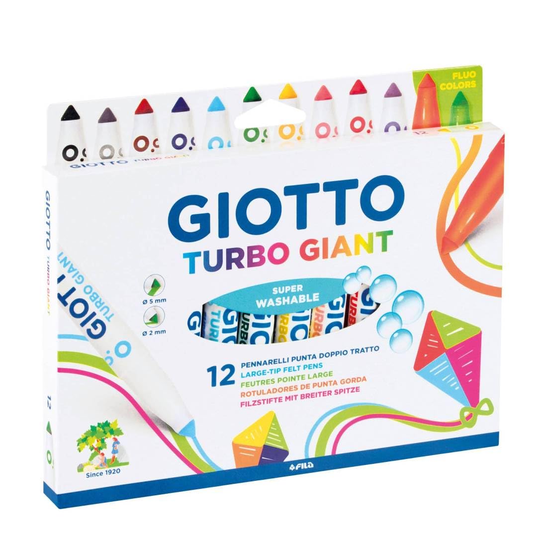 GIOTTO Turbo Giant Super Washable Felt Tip Fibre Pens, Conical Tip Nib 7.5mm, 12 Assorted Colours, Ideal for Children, Parties and Schools