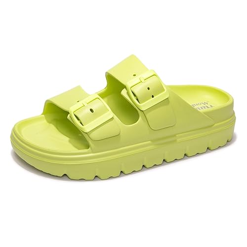 FUNKYMONKEY Women's Comfort Slides Double Buckle Adjustable Plastics Flat Sandals - 10 - Lemon Green/Hdspk