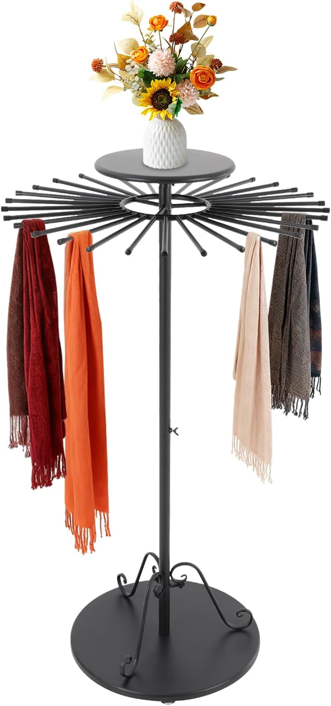 Floor Standing Scarf Display Stand,Black Scarf Holder Organizer with 30 Hanging Rods,Height Adjustable Scarf Hanger Organizer for Boutique Clothing Store Home