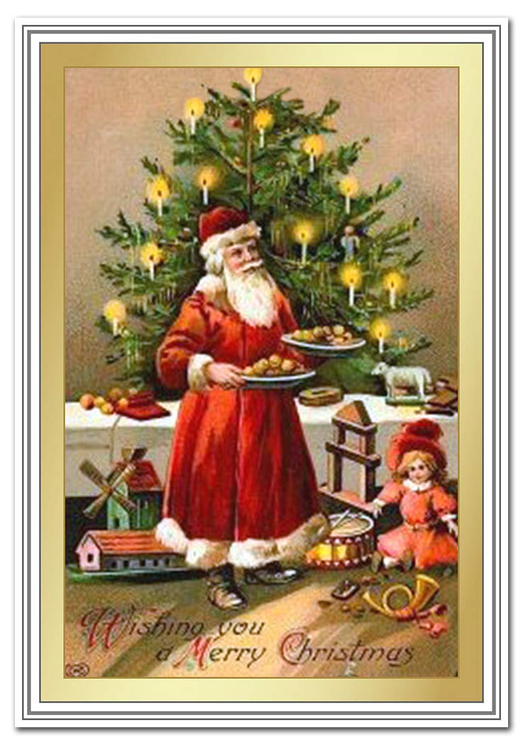 Vintage Christmas Card - Rare Old Fashioned 1900s - Santa Christmas Tree  theme - Victorian Era Edwardian style