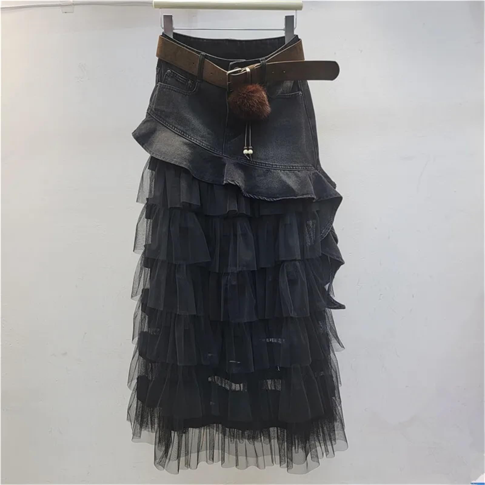 Denim-Rüschen, unregelmäßiges Patchwork-Mesh, mittellange A-Linien-Kuchenröcke mit hoher Taille for Damen