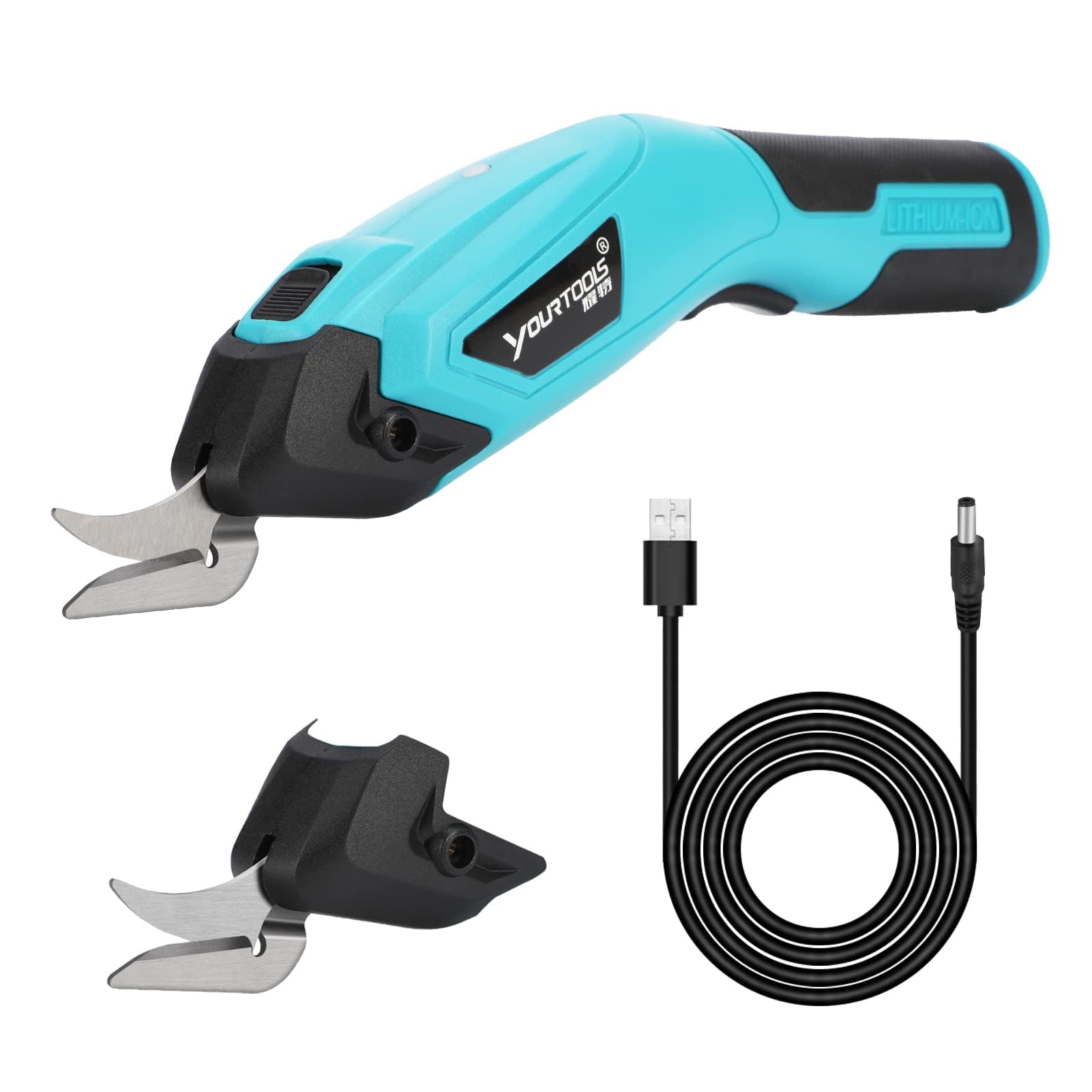 Tijeras Para Tela de Energía Eléctrica, 4.0V con Bloqueo de Seguridad y 2 Cabezas de Corte, Tijeras Electricas Textil y Costura para Corte Papel Cartulina Cuero Alfombra, 8 mm Max, Blue