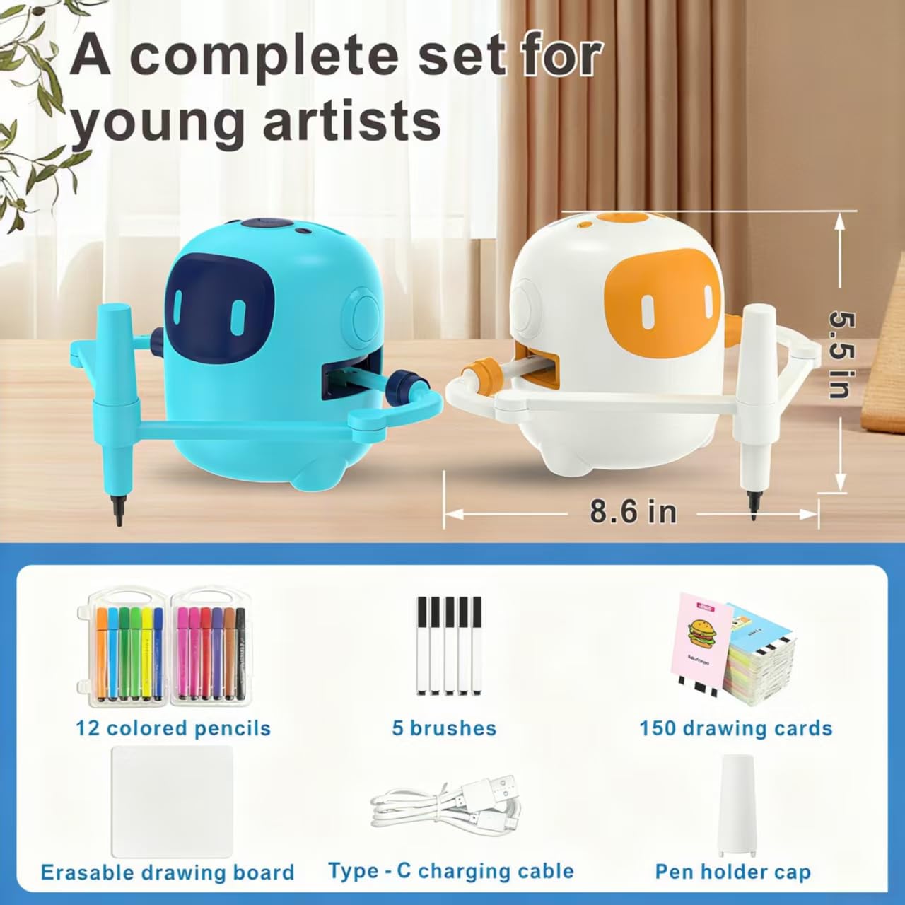 Robot da disegno per bambini con 150 carte, macchina da disegno educativa interattiva vocale, giocattoli didattici Montessori per 5+ anni festa di compleanno per ragazzi e ragazze (Blu)