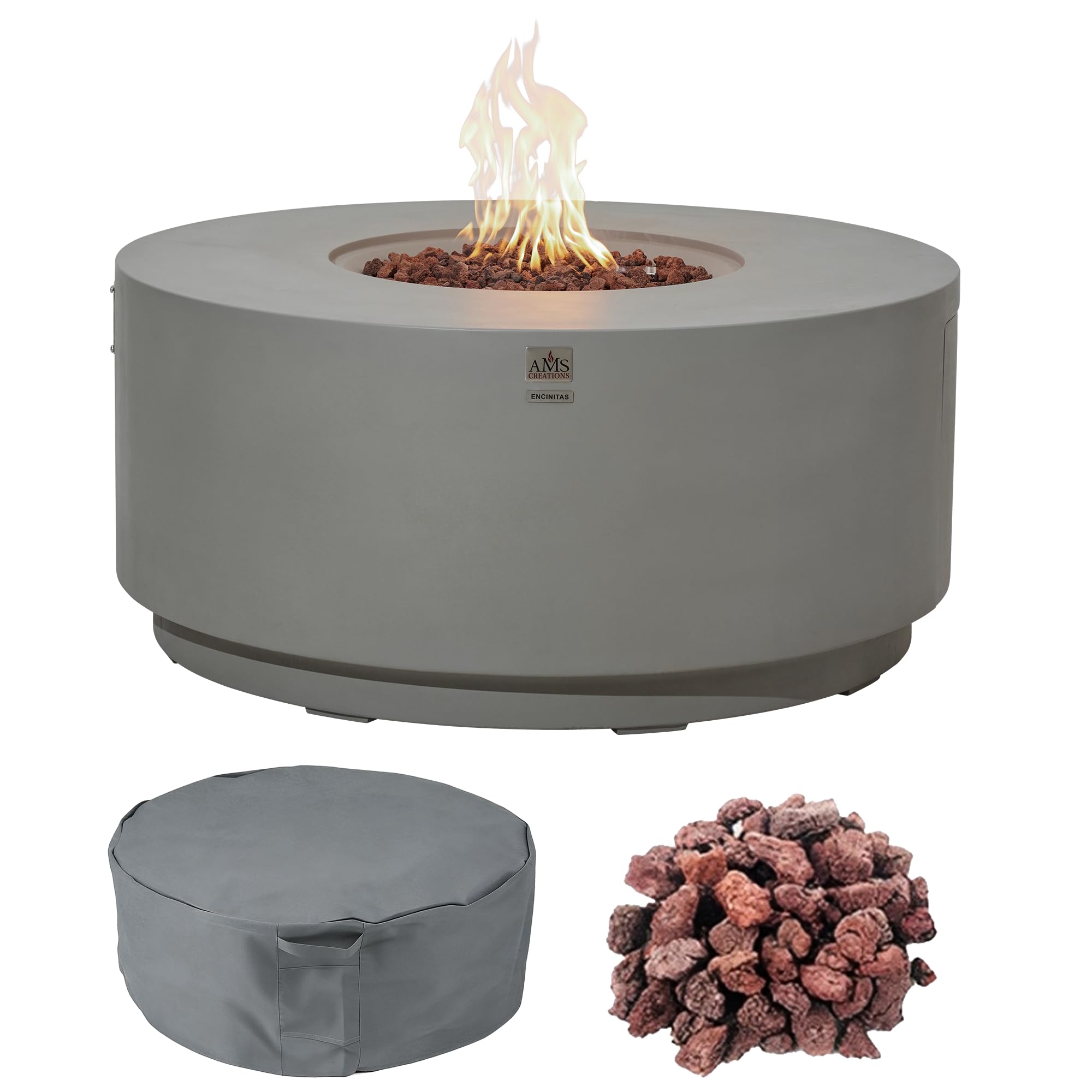 AMS Round Concrete GFRC Propane Gas Fire Pit Table (Light Gray)
