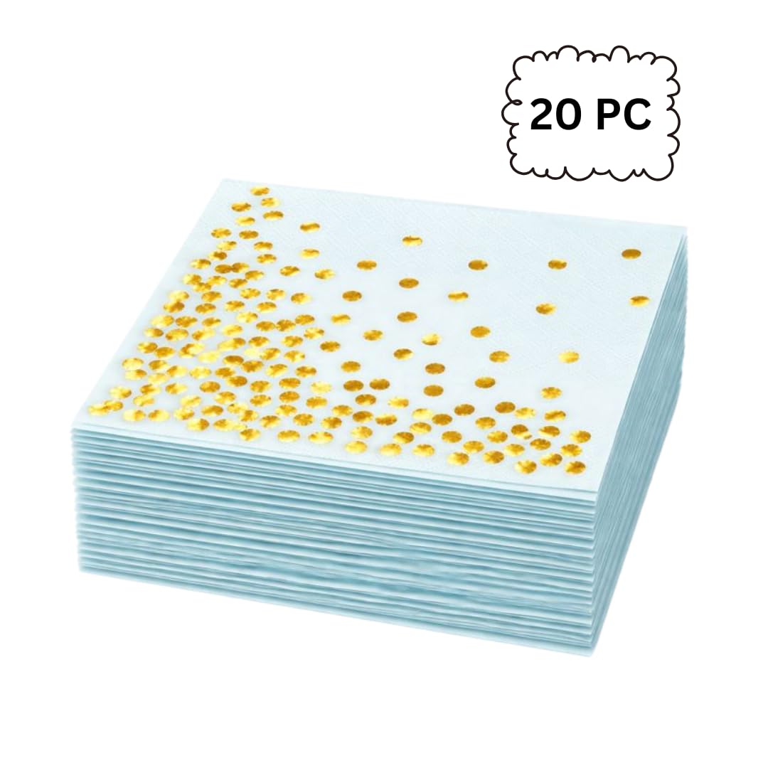 Wanna Party Light Blue Paper Napkins w/Golden Polka Dots | Disposable 2 Ply Paper Napkin | Paper Tissue For Party, Birthday, Wedding | Printed Paper Napkin - Pack Of 20 Light Blue Sheets 3