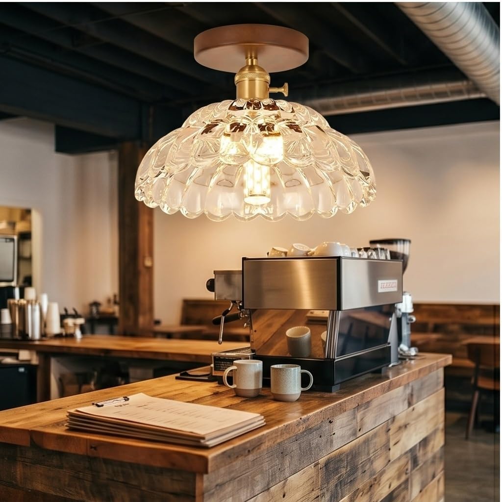 Nowoczesna lampa sufitowa ze szkłem, półwpuszczany żyrandol w stylu vintage, z podstawą z drewna orzechowego, zapiekanka lampa sufitowa z połowy wieku do przedpokoju, przedpokoju, garderoby, sypialni