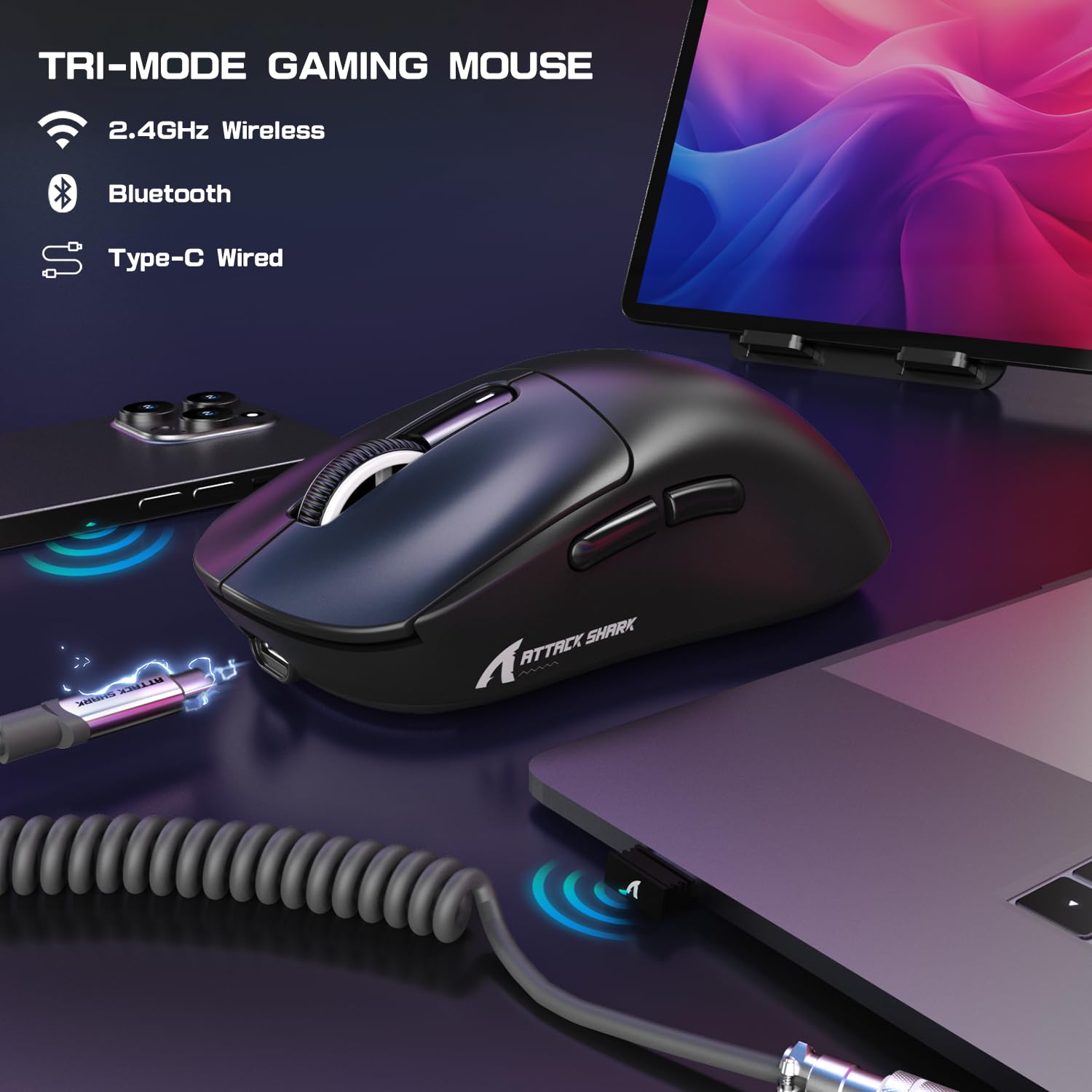 ATTACK SHARK X3MAX Superlight de 49g Ratón, Sensor PixArt PAW3950, hasta 420000 dpi, Ratón para Juegos BT/2.4G Wireless/Wired con Cable en Espiral, 100M Clicks Optical Microswitches, para PC/Xbox/Mac