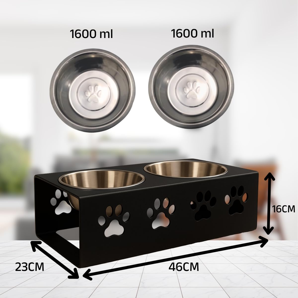 Black Metal Premium Stylish Dog Bowl Stand | Large Stainless Steel Dog Bowls (Set of 2) for Dogs for Food & Water | 6" Height Food Bowl with Stand | Paw Design, Non-Slip, Raised Pet Feeder, Rustproof 4