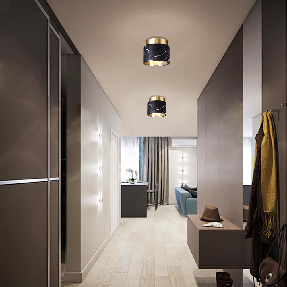 Nordic Marble Ceiling Light Cylindryczna Sufitowa Do Wejścia, Do Korytarza, Mosiężna Sufitowa Do Korytarza I Ganku, Mała Sufitowa Z Marmurowym Abażurem/Czarny