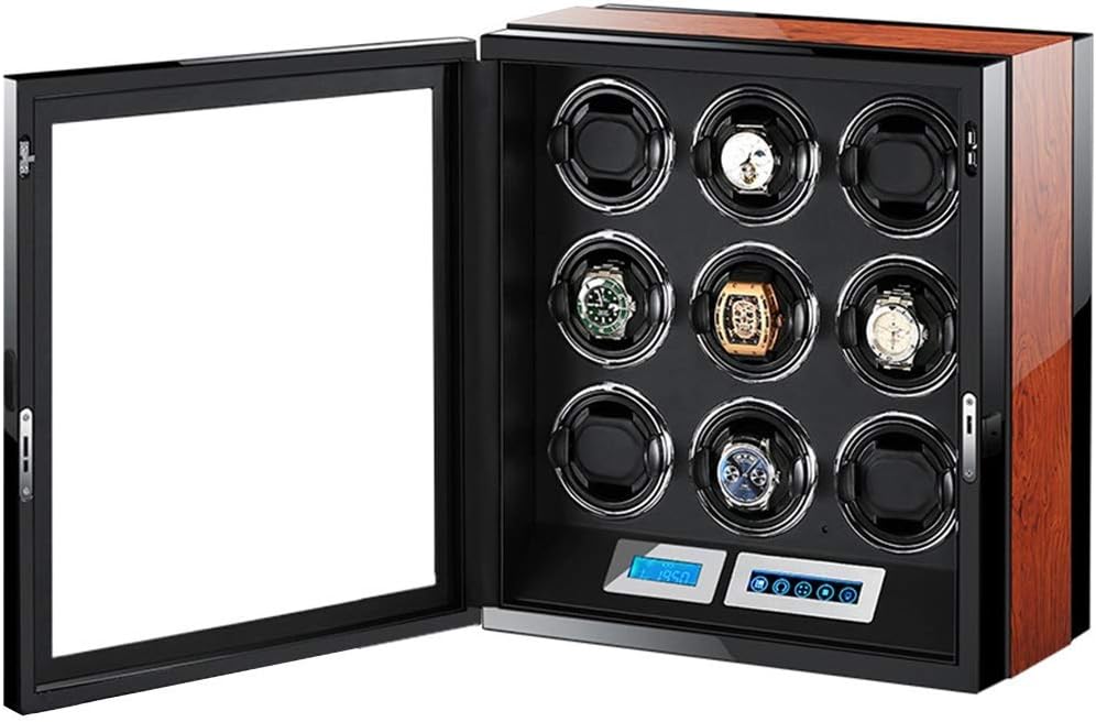 Luxury Automatic Watch Winder LCD Display Touch Screen Display Super Quiet Motor Wooden Piano Finish with Remote Control & Led Elegant Showcase, 9+0