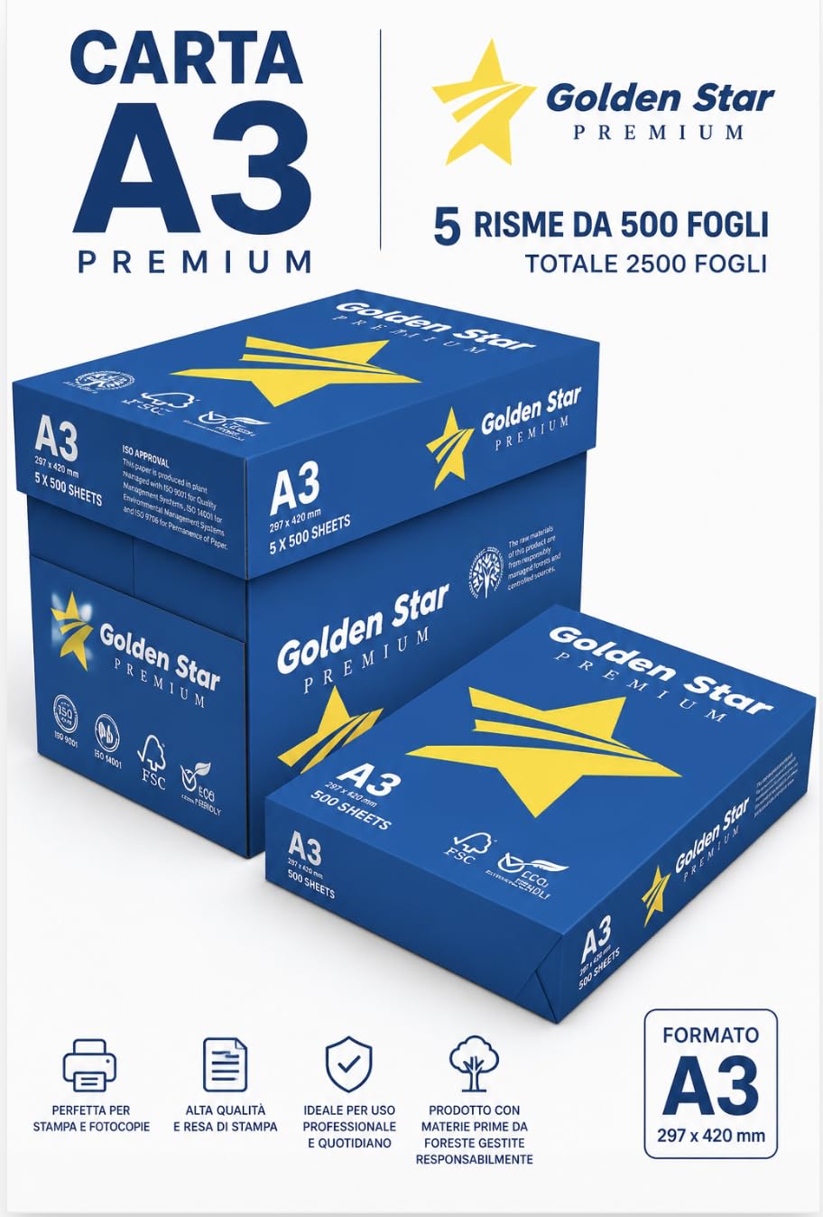 Golden Star Premium A3 Fogli A3 per Stampante e Fotocopiatrici - Risma Carta A3 Bianca (5 RISME)