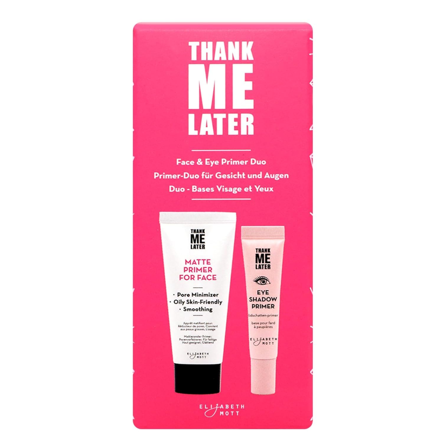 Elizabeth Mott - Thank Me Later - Imprimación mate para ojos y rostro para maquillaje de larga duración, control de brillo y aceite, minimizador de poros, oculta las arrugas, evita arrugas para