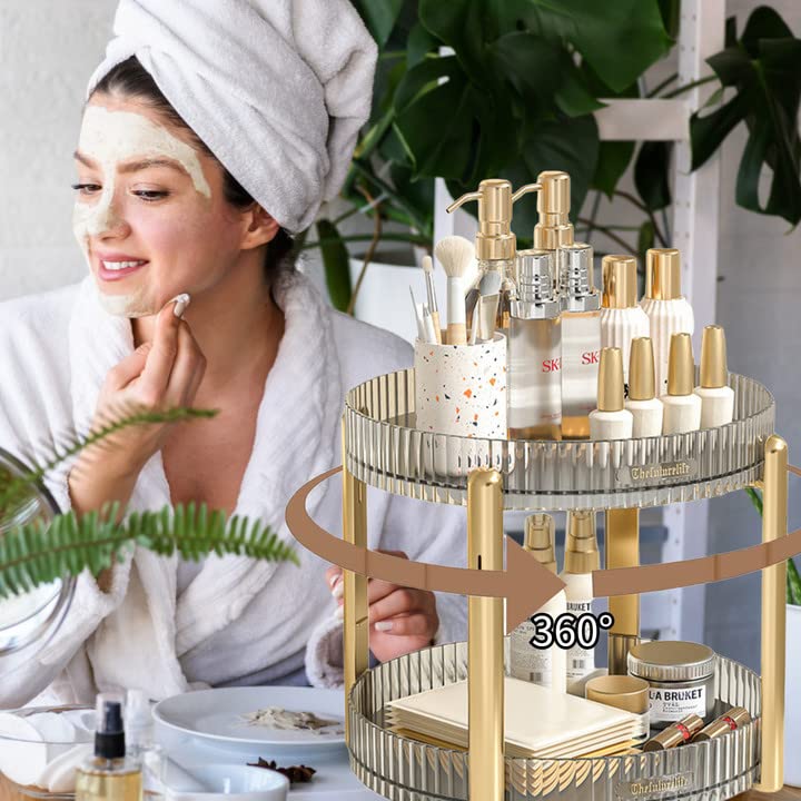 DiiuuAII Rotating Makeup Organizer for Vanity, Bathroom Organizer Countertop Carousel Spinning Holder - High-Capacity Perfume Organizer, Skincare Organizers Cosmetics Storage Rack- 2Tier