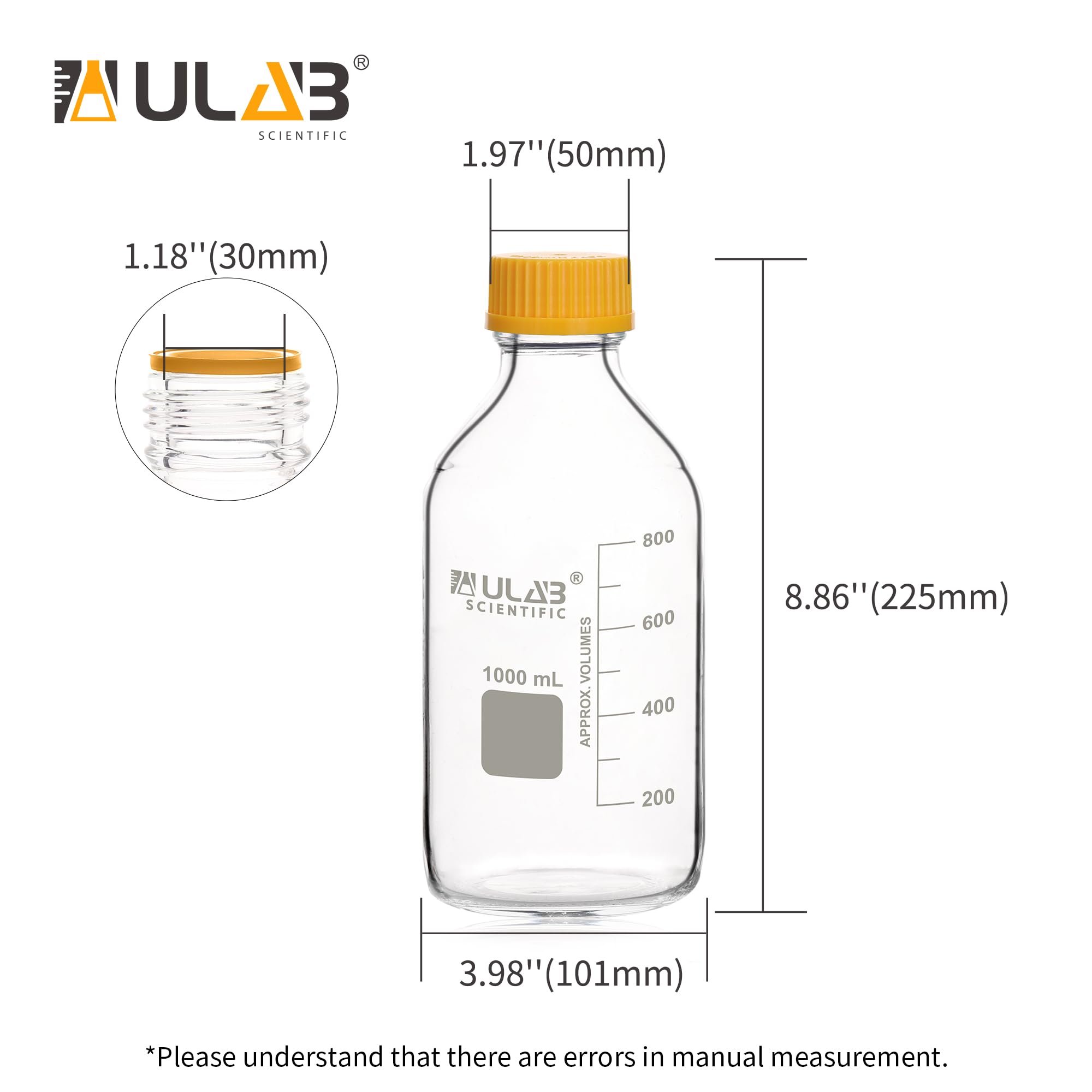 ULAB Runde Medien Laborflaschen Aufbewahrungsflaschen, 1000 ml, 3,3 Borosilikat glasflaschen mit GL45 Schraubverschluss, 2 Stück, URB1040