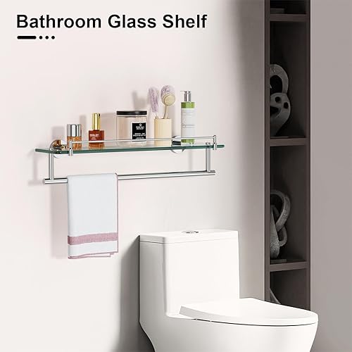 Miniatura 3 de KOCOK Estante de vidrio para baño con toallero para montaje en pared, estante de vidrio flotante de 20 pulgadas, rectangular, acero inoxidable 304,
