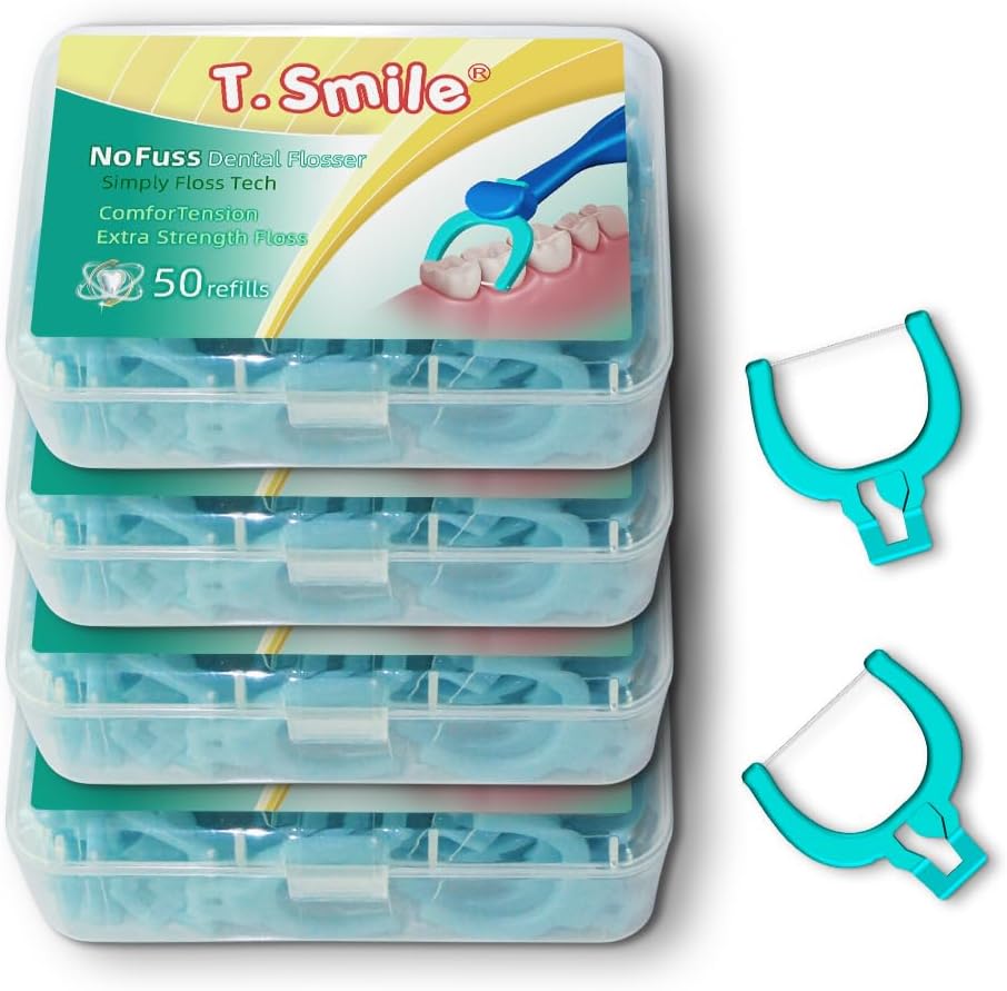 T.Smile NoFuss デンタルフロッサー 詰め替えヘッド 超強力フロス 快適な清潔感 フッ化物フリー (エクストラストレングスフロスリフィル200本、ハンドルは付属しません)