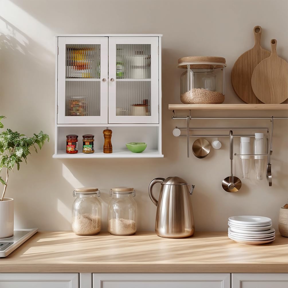 Furlide Bathroom Wall Cabinet with Glass Door, Bathroom Cabinet Wall Mount with Open Shelf, Over The Toilet Wall Storage Cabinet, Bathroom Medicine Cabinet, White