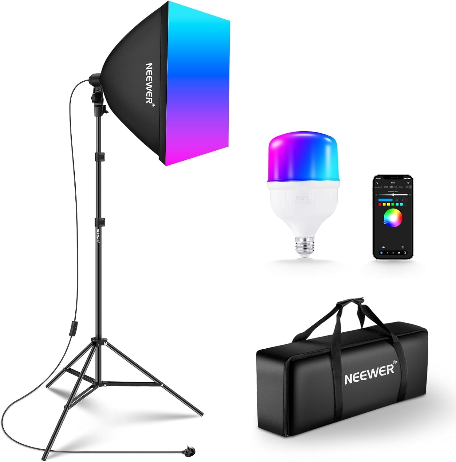 NEEWER Zestaw świetlny RGB Softbox z aplikacją i 9 trybami efektów, 24 W żarówka LED CRI93+ TLCI98+, E27 Porcelanowa nasadka, 24" Softbox, do oświetlenia fotograficznego studyjnego, NK800