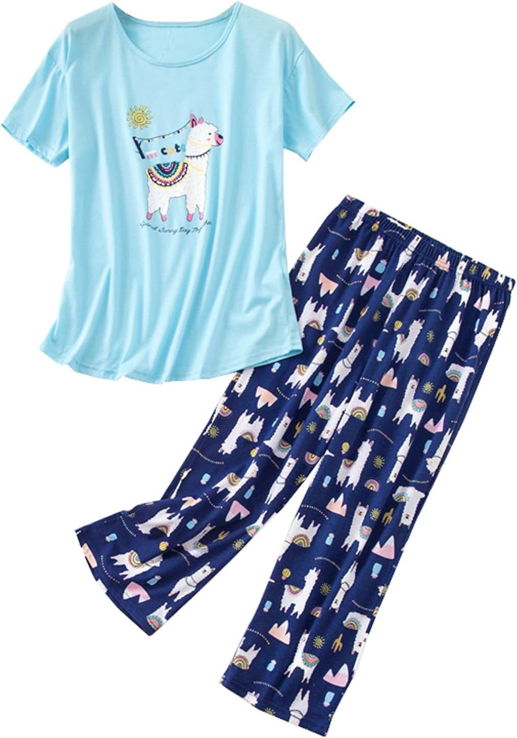 HOWINCO Womens Plus Size Pajama Set Cotton Sleepwear Tops with Capri Pants Casual and Fun Prints Pajama Sets