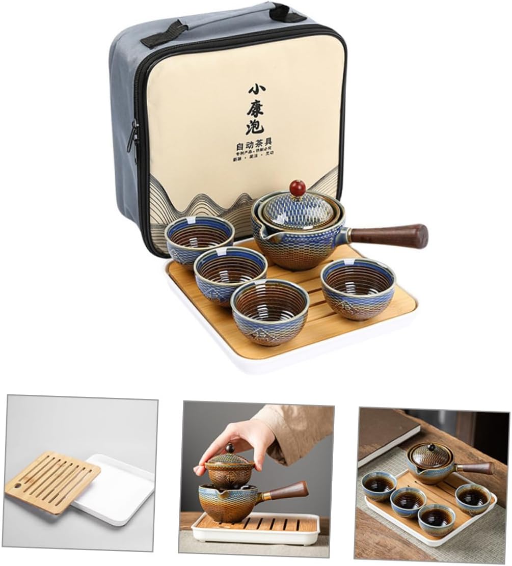 IMIKEYA Elegant Rotating Tea Maker Tea Service Set Ceramic Rotatable Teapot Portable Cups for Home Office Travel