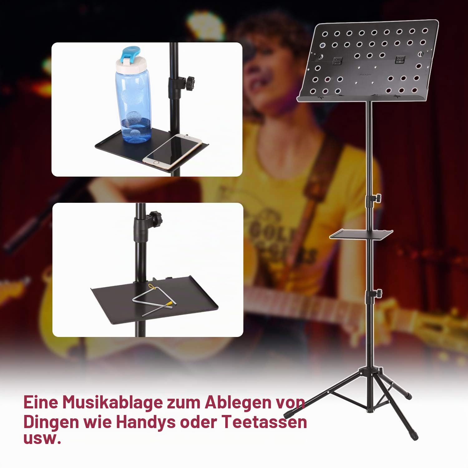 IMAGE Notenständer Metall Klappbar Notenhalter stabiler Musik Stativ mit Tragetasche, Professioneller tragbarer perforierter Notenständer, schwarz