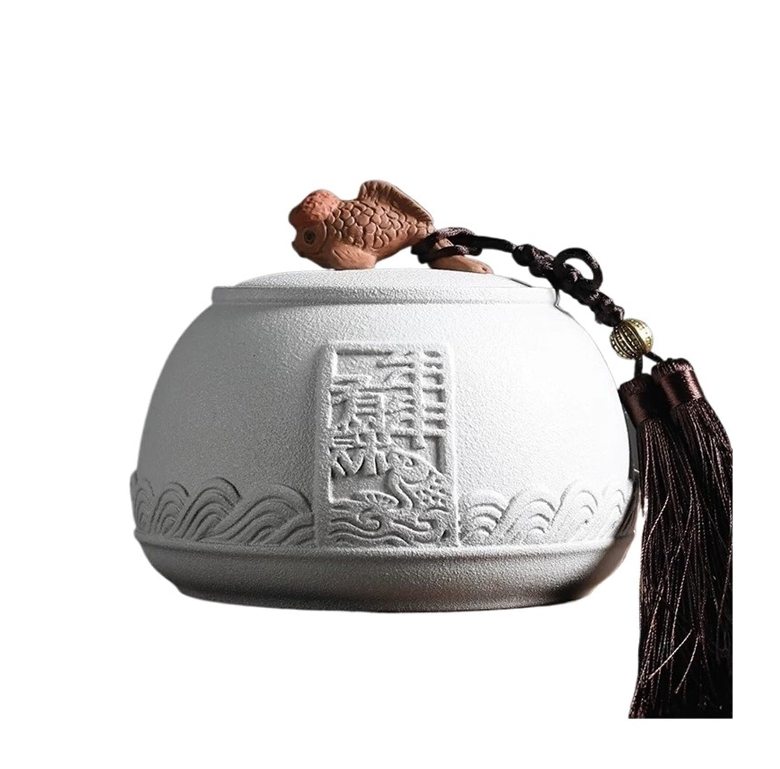 Generico 1 barattolo da tè in ceramica for la conservazione domestica | Ceramica grezza, vintage, coperchio sigillato, rilievo di pesce, stile cinese(White)