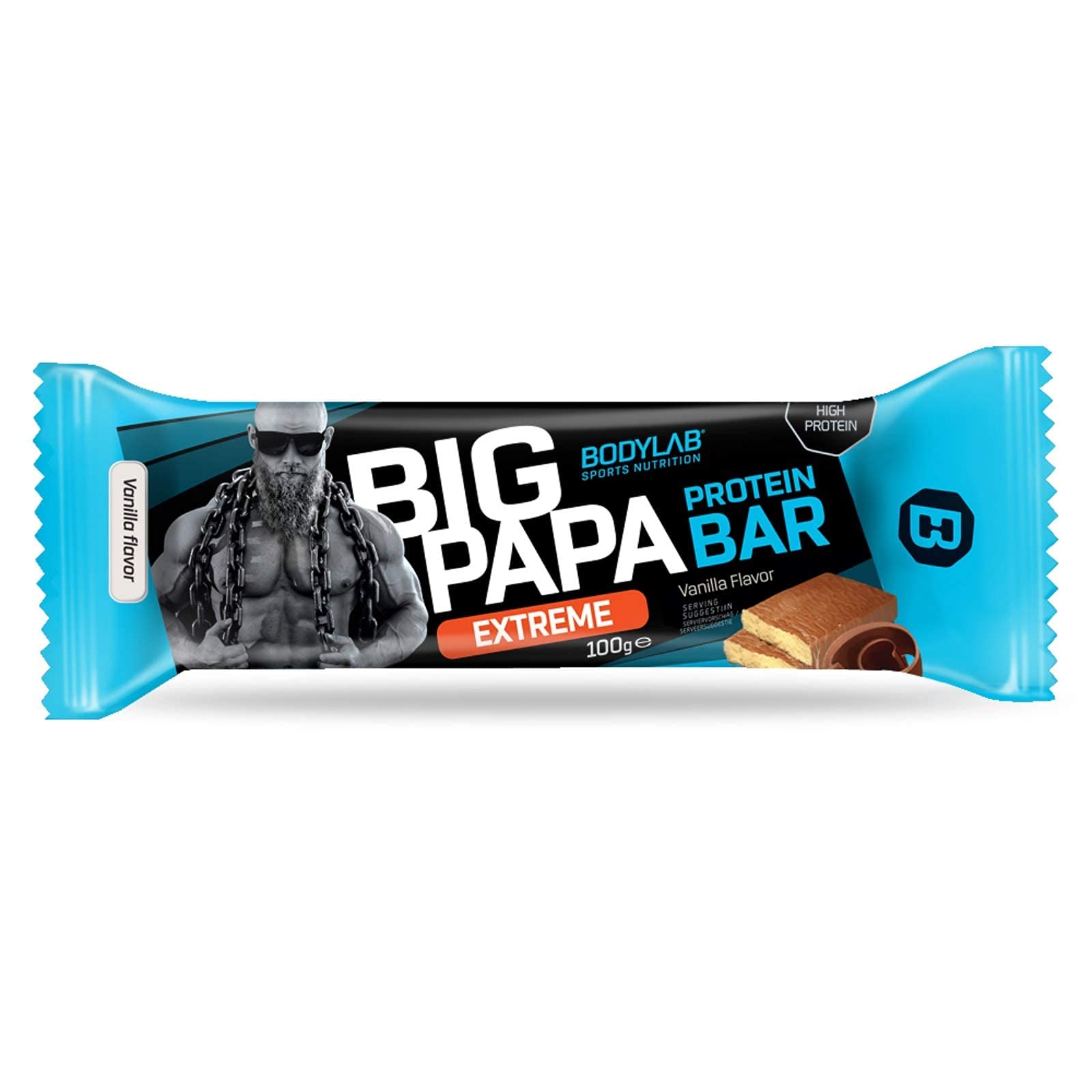 Bodylab24 Big Papa Protein Bar 12 x 100g, Protein-Riegel mit 49g Protein, Eiweißriegel mit wenig Zucker, idealer Fitness-Snack für hart trainierende Sportler mit hohem Proteinbedarf, Vanille