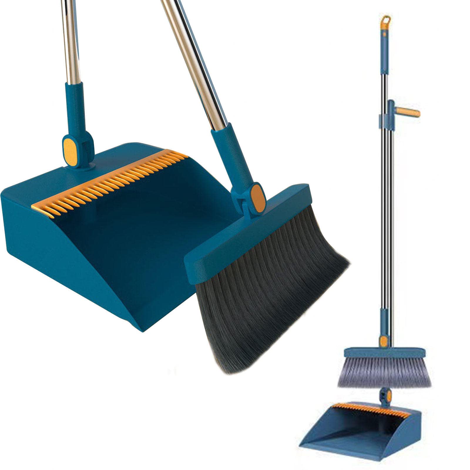 Kehrschaufel und Besen mit langem Griff, Haushalts-Kehrschaufel mit Kammzähnen für drinnen und draußen, Garten, Wohnzimmer, Küche, Büro, Lobby, kostenloser Wischer,Blue