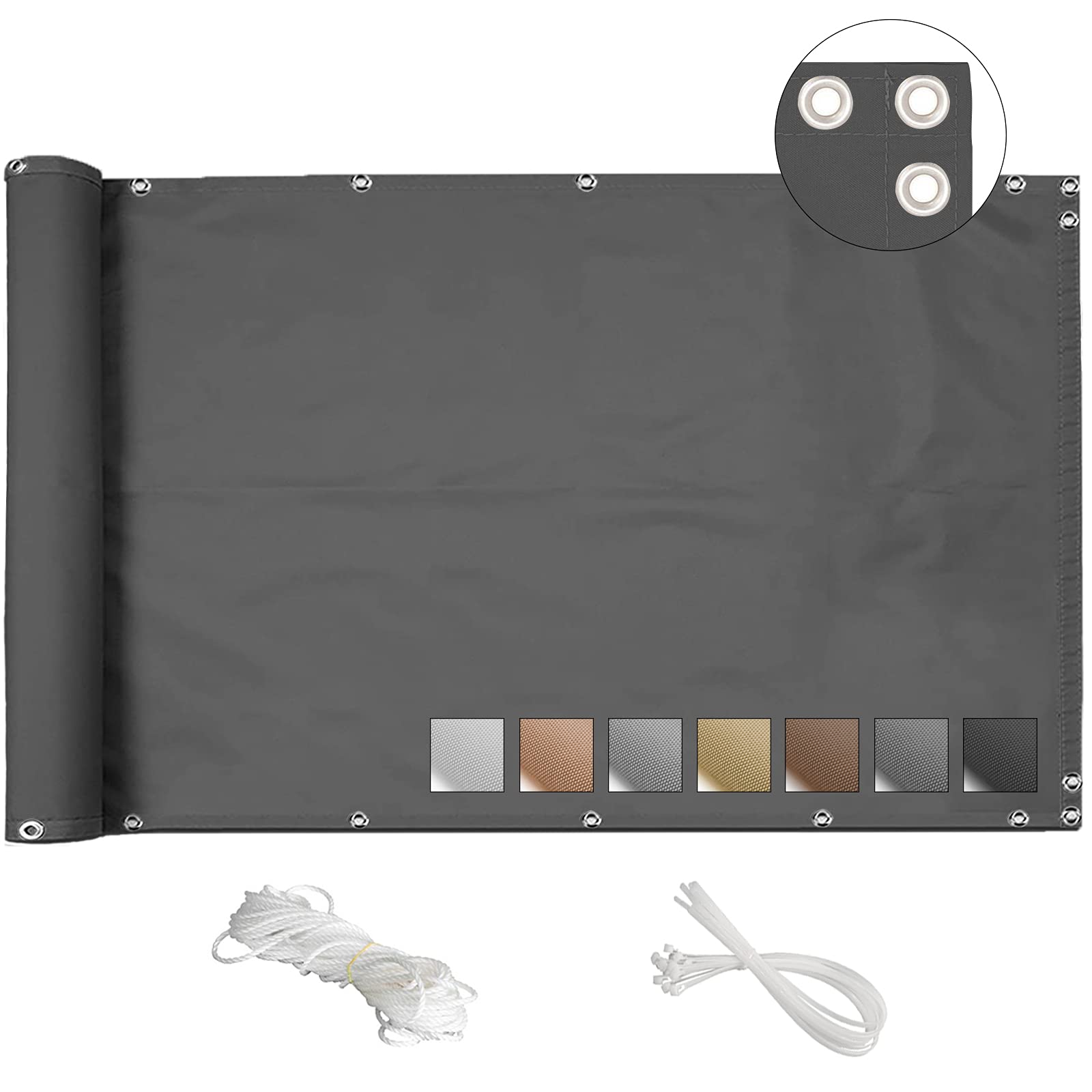 Outdoor Balcony Privacy Screen Protector 130x1100cm Dark Gray Windproof & AntiUV Garden Balcony Cover with Cable Ties and Rope Privacy Fence Screen for Balcony Shielding and Screening