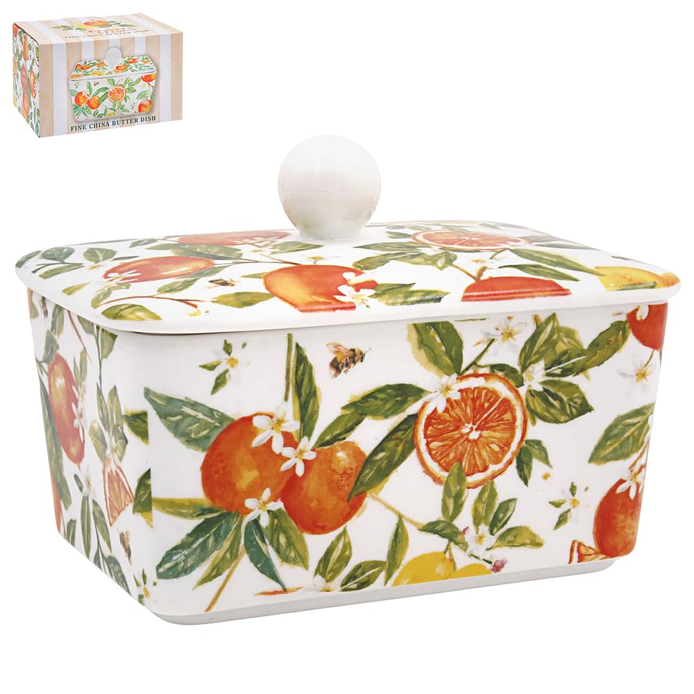 The Leonardo Collection Oranges & Lemons Jennifer Rose Fine China Oranges & Lemons Butter Dish for Kitchen | Dishwasher Safe Butter Dish for Keep Butter Fresh | BPA-Free Butterdish for Butter Storage
