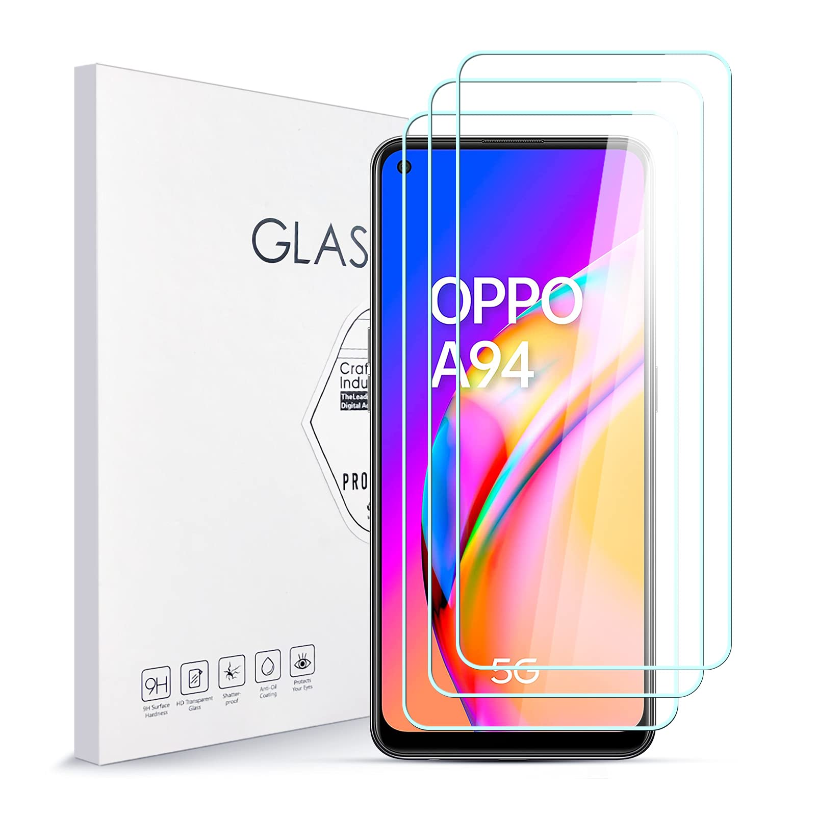Tempered glass screen protector for Oppo A94, 9H hardness glass, super  durable, anti-oil, protective film screen protector for Oppo A94, pack of