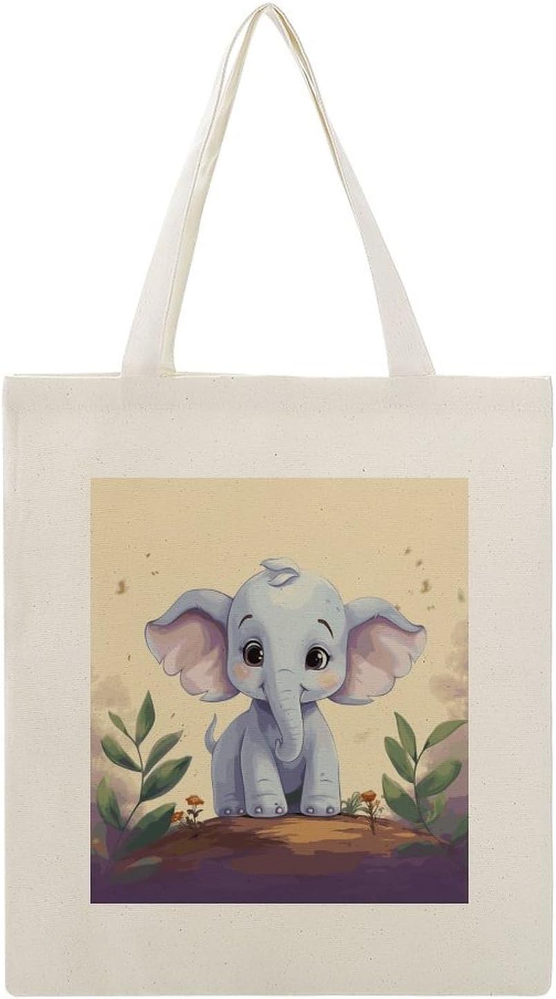Cute Elephant Cotton Polyester Blend Canvas Carryall Bag | Cute Elephant Reusable Fabric Handbag for Grocery Travel Daily Errands Multipurpose Storage Carry Tote