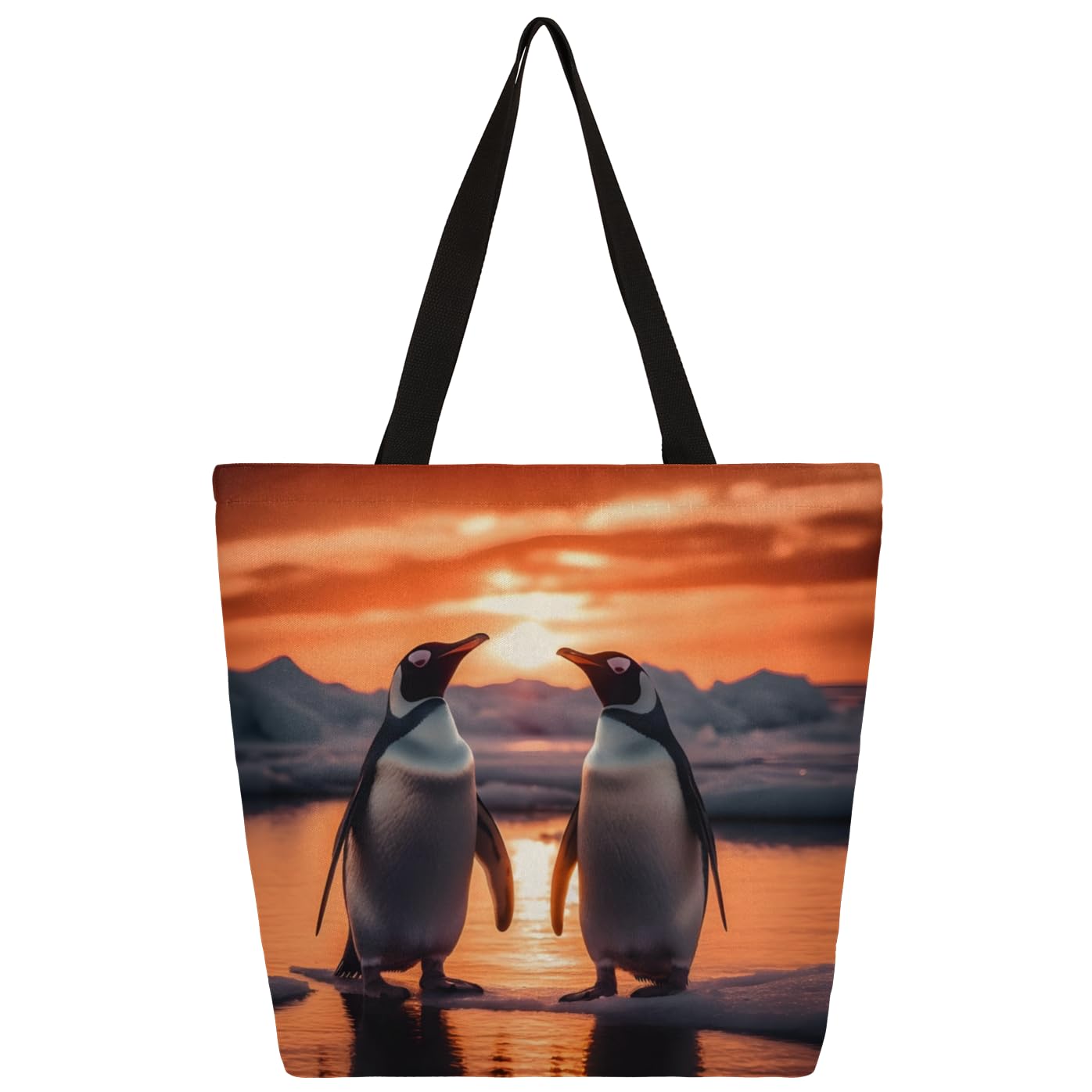 Mularoka Sunset Penguins Large Capacity Canvas Tote Bag Stylish Handheld Shoulder Bag Reusable Shopping Bag for Work Travel Beach Trips Shopping