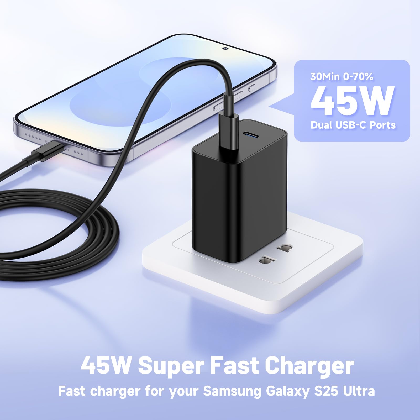 Susnwere 2port 45W C Wall Charger Compatible with Samsung S25/S24 Ultra,2-Pack Super Fast Wall Charger with 6.6ft USB C Cables, PD 3.0 & PPS for Galaxy S25 Ultra/S24 /S23 Android Phones