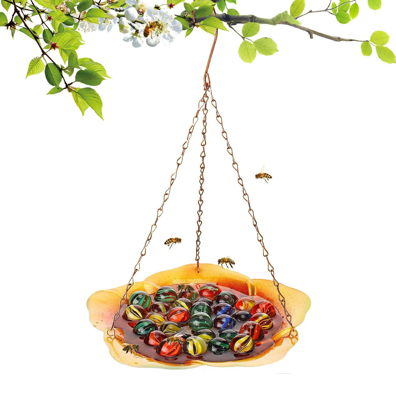 Bee Feeder Colorful Butterfly Bath Bowl Bee Drinking Cups Bee Watering Station with 30 Glass Marbles for Outdoor Garden Yard Decor (Golden Brown)