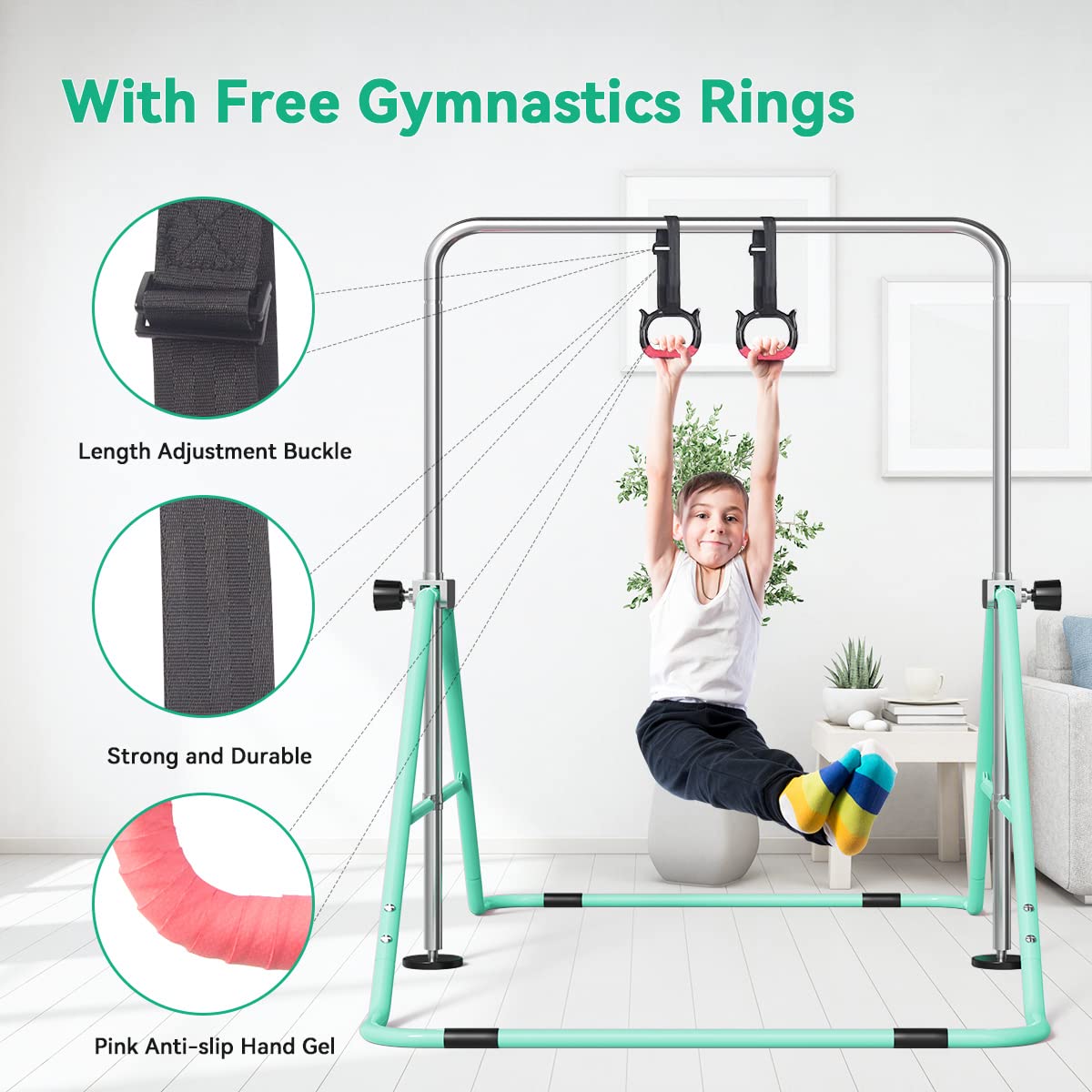 FBSPORT Gymnastics Bar for Kids, Foldable Adjustable Height Horizontal Bar, Gymnastic Training Equipment for Home Gym Indoor and Outdoor Use, Supports 140lbs