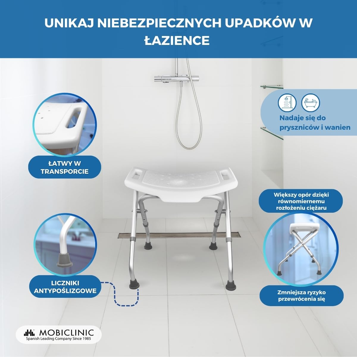 Mobiclinic, Delta krzesł prysznicowe, Składany taboret prysznicowy, Z regulacją wysokości, Ergonomiczne siedzisko, Antypoślizgowy