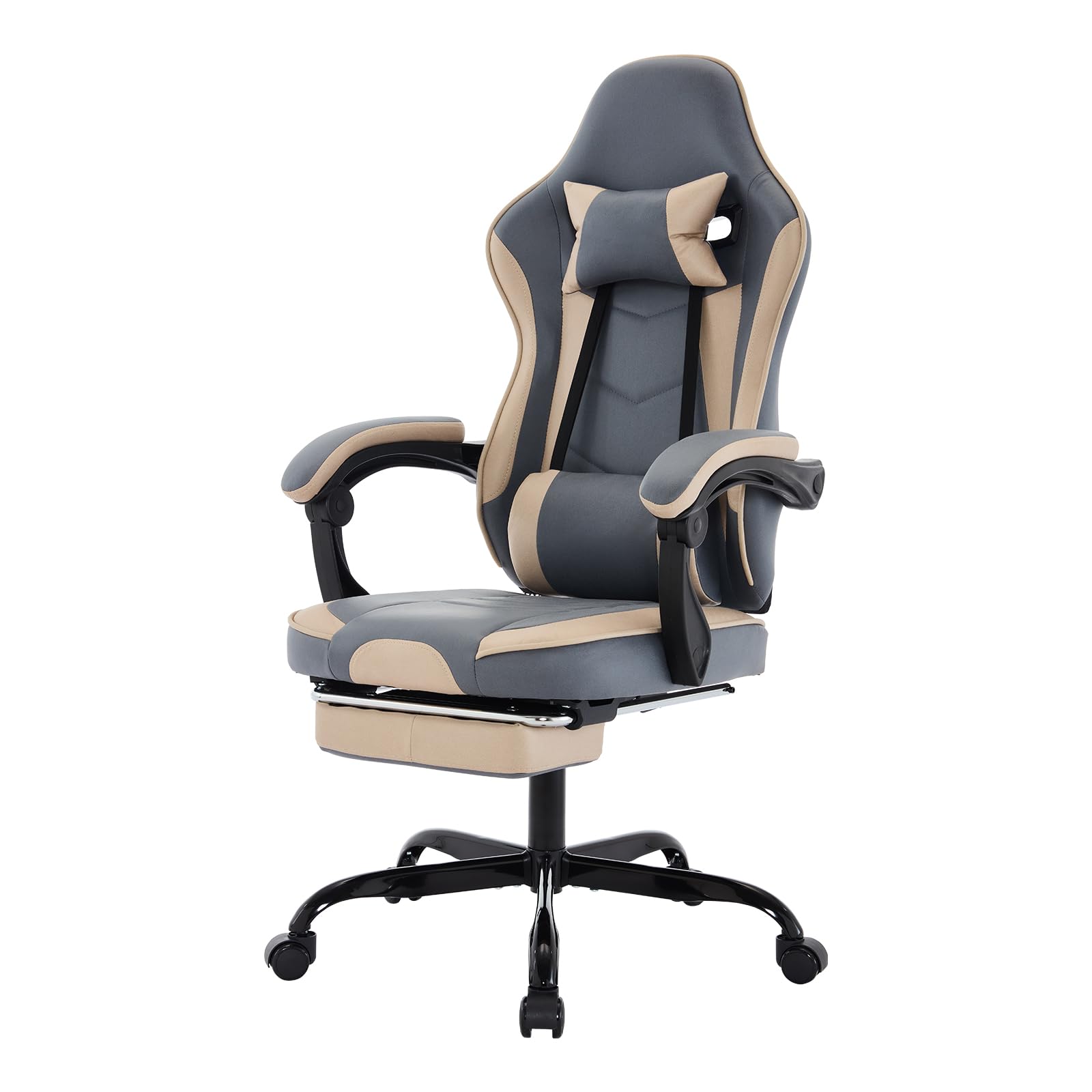 Beige+Blue Ergonomic Gaming Chairs for Adults, Swivel Height Adjustable Comfortable Office Desk Chair with Footrest and Lumbar Support, PU Upholstered Computer Chair with Headrest (Beige+Blue)