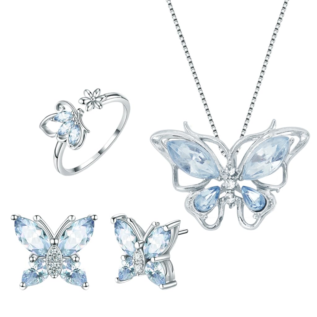 sannidhi 4 Pcs Jewellery Set for Women Girls Crystal Butterfly Chain Pendant Necklace Adjustable Finger Rings Studs Earrings Stylish Necklace Set Valentine Birthday Gift for Women, Girls-picture-4